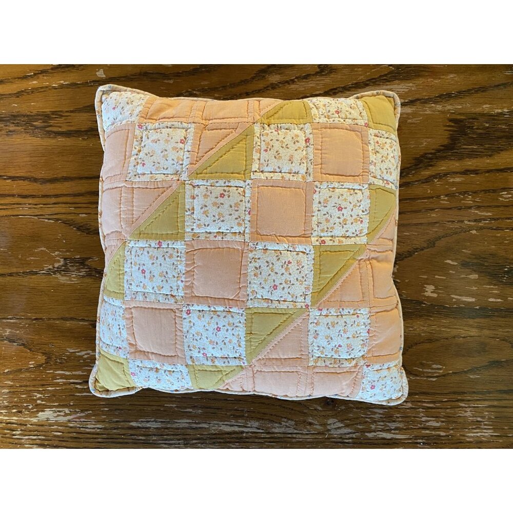 Vintage Quilted Floral Throw Pillow 11" x 11" Peach & Yellow Patchwork Design Ha